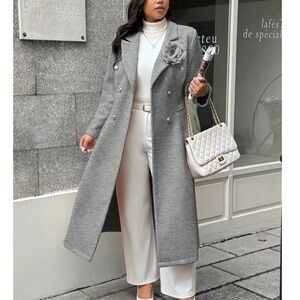 Classic Solid Double Button Floral Appliqué Mid Length Jacket Coat